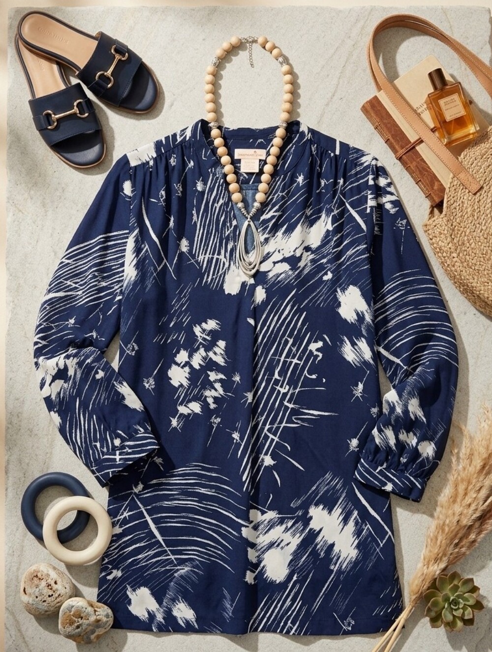 Vintage Peggy Lou of California Abstract Blue & White Tunic Top Blouse Size 36